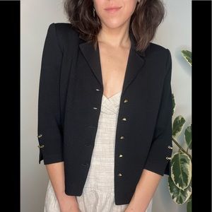 Vintage St. John Collection by Marie Gray Black Blazer 3/4 Sleeve Gold Buttons 6